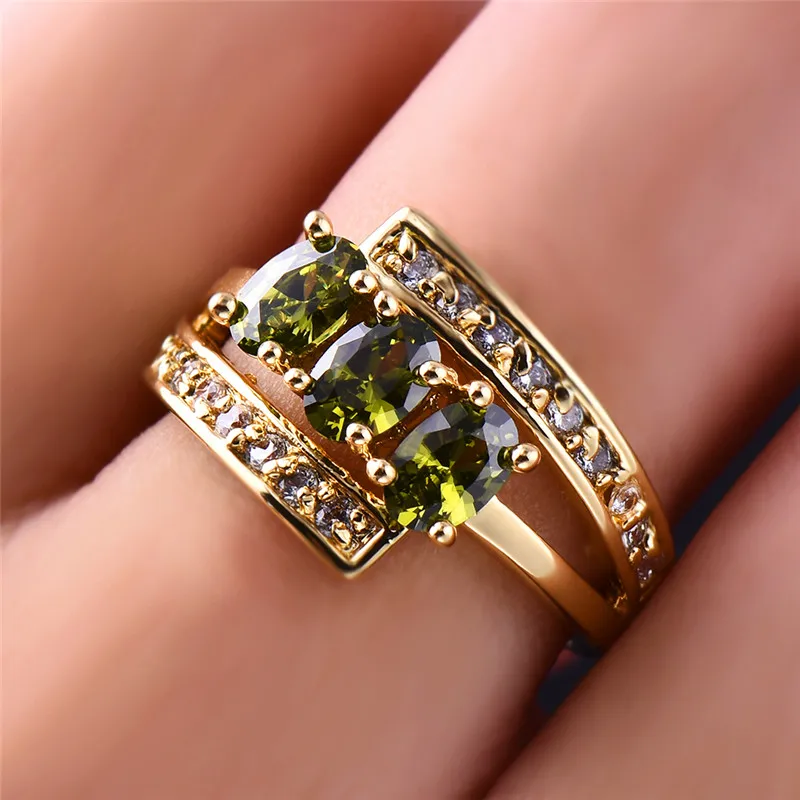 Luxury Female Olive Green Stone Cross Ring Simple Yellow Gold Filled Double Layers Ring Cute Engagement Wedding Rings For Women