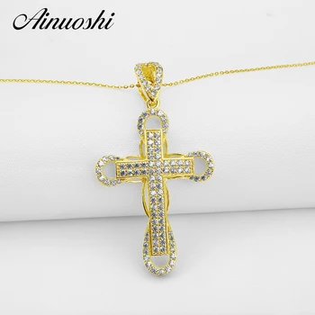 

AINUOSHI Christian Halo Cross Gold Pendant 14K Solid Yellow Gold Pave Setting Simulated Diamond Hip hop Jewelry Cross Pendant