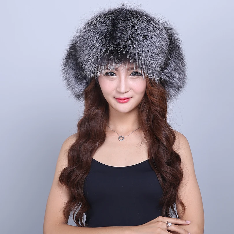 Hat Female Winter Women Bomber Hat Natural Silver Fox Fur Solid Warm