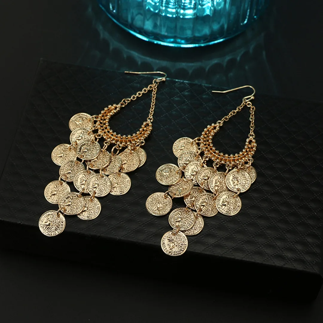 Shellhard Fashion Gold-color Metal Tassel Dangle Earrings Retro Round Multi Disc Long Drop Earring Women Ethnic Indian Jewelry