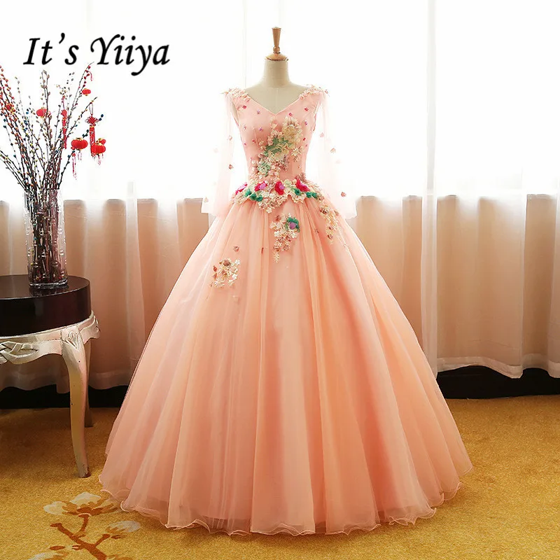 Это YiiYa Свадебные платья розовые с v-образным вырезом Аппликации Цветочные длиной до пола платья невесты Vestidos De Novia Casamento AL023