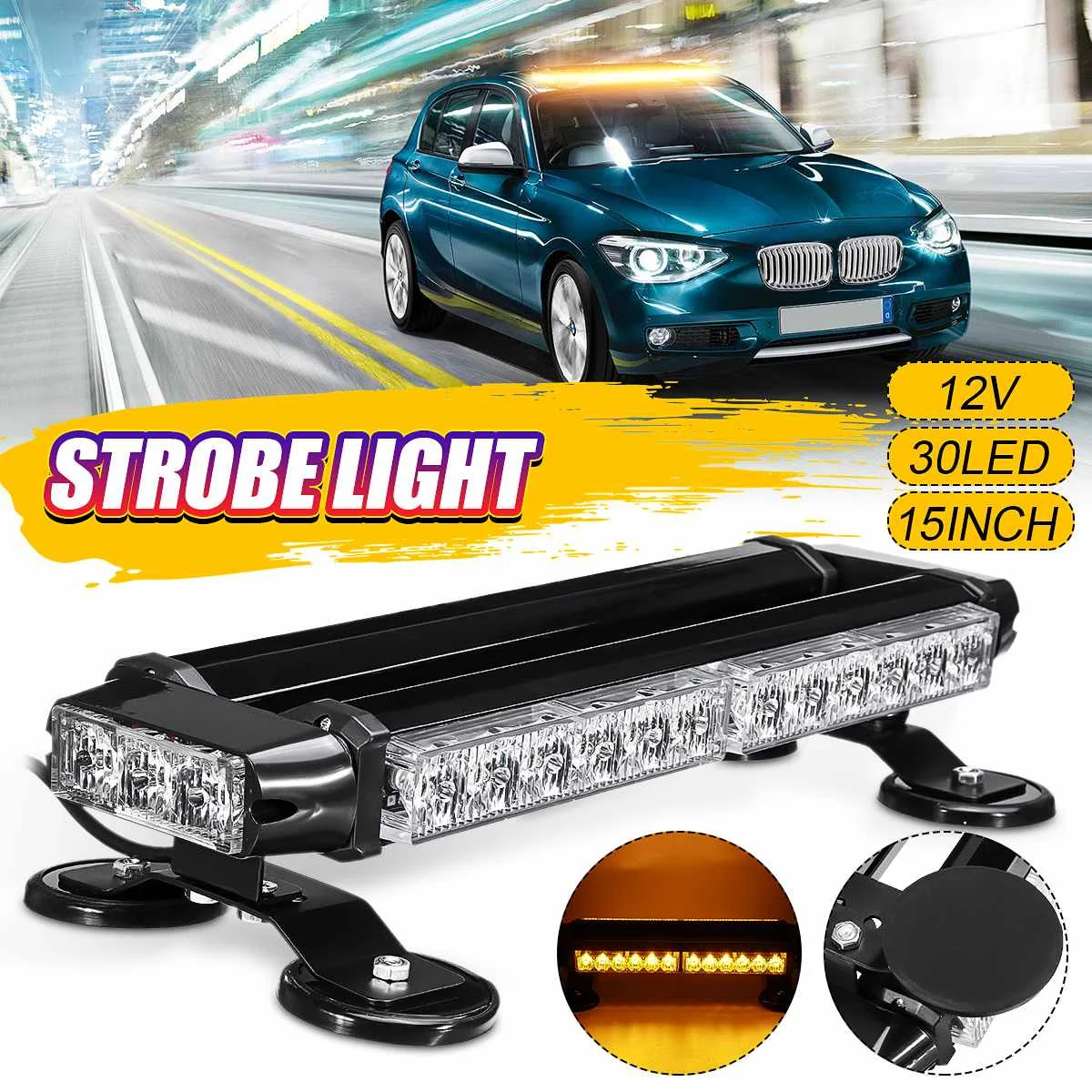 12V 15inch Double Side 30W LED Warning Strobe Car Hazard Light Bar Emergency Beacon Flashing Lamp Amber