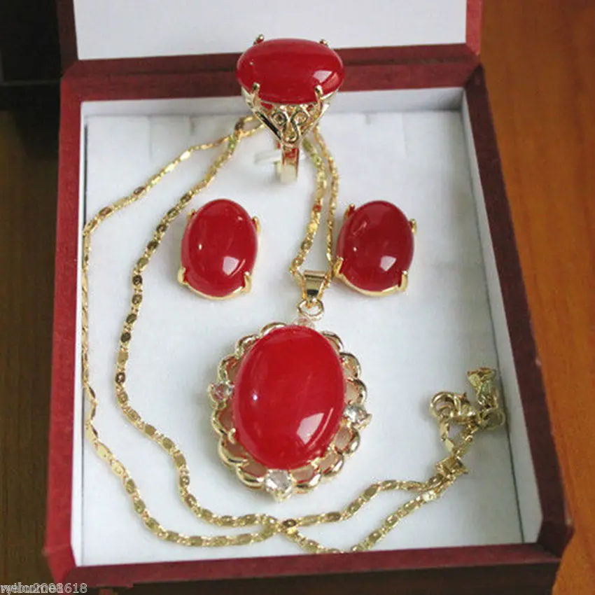 

new Fashion jewelry red gem pendants, earrings , rings + box NATURAL Quartz Crystal Women Wedding 925 silver