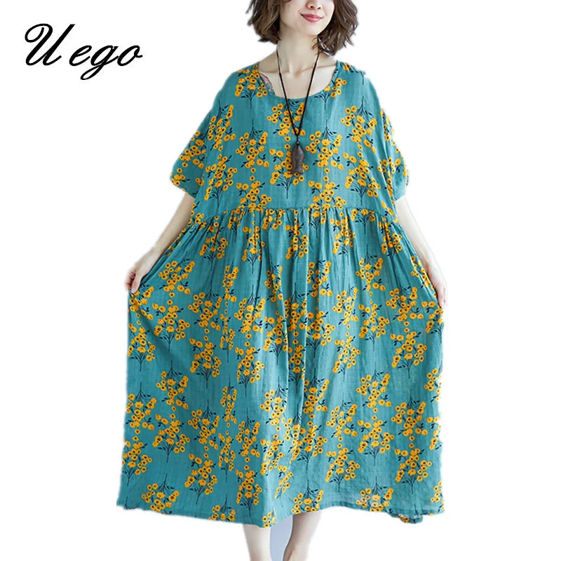 

Uego Fashion Print Floral Prairie Chic Summer Dress Thin Light Soft Cotton Linen Holiday Beach Casual Dress Women Long Dress