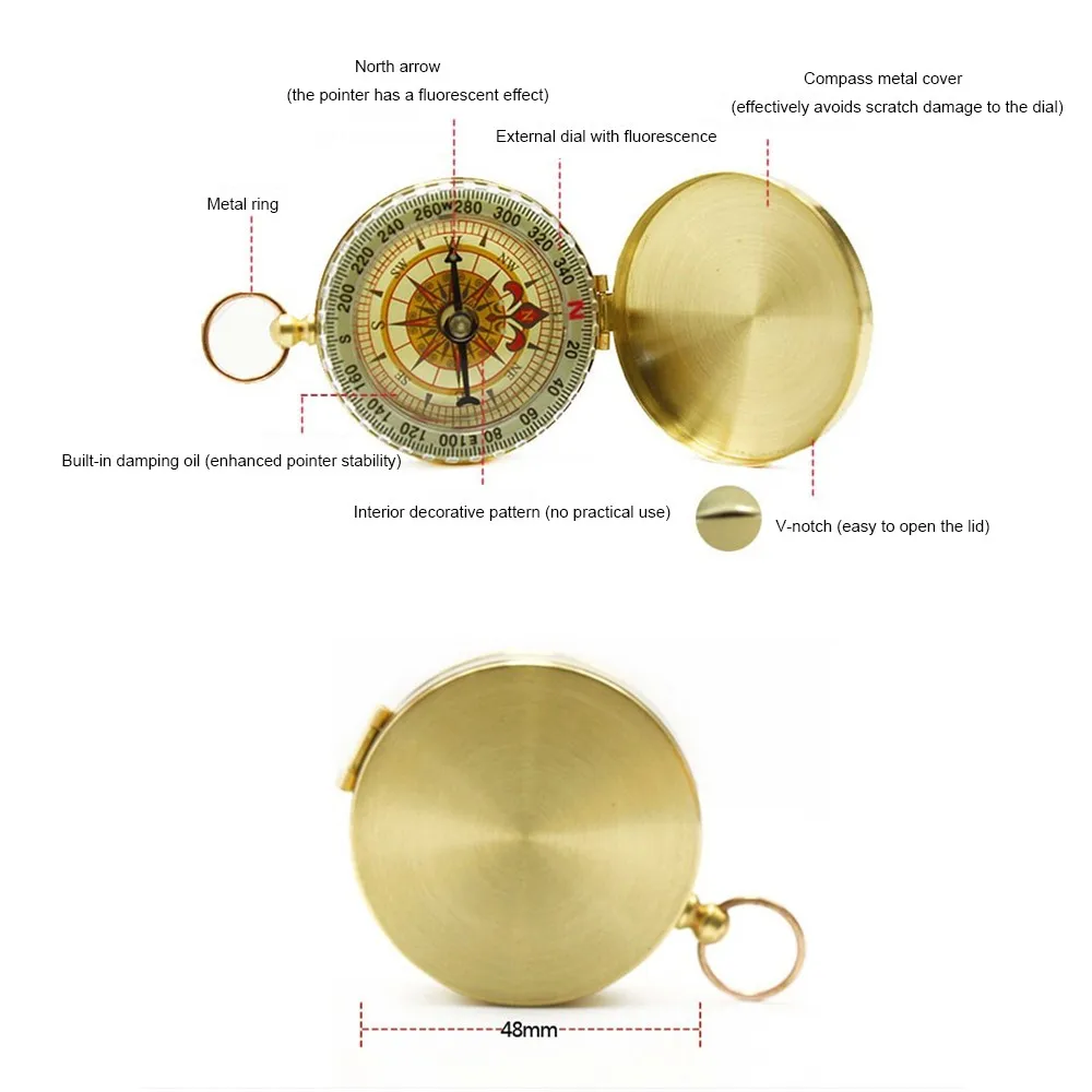 Медный компас-раскладушка со светящимся компасом для кемпинга, Компас для выживания, военный водонепроницаемый геологический брелок с компасом, инструмент для активного отдыха