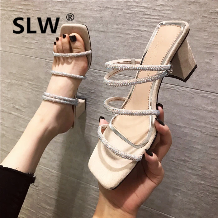 Slippers Heels Ladies Flip Flops Slides Woman Shoes Luxury Flock Square heel High Flip-flops Sliders Summer Designer Crystal