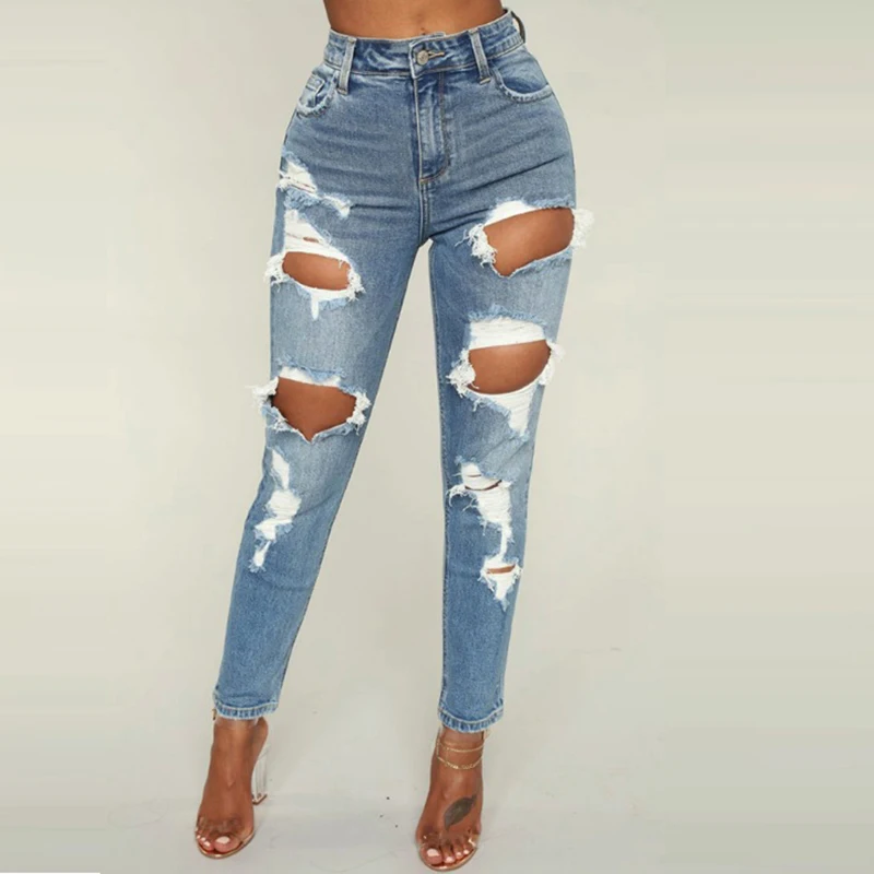 

Ripped hole fashion Jeans Women High Waist pencil Denim Pants Elastic no Stretch sexy loose fit hollow out high street Jeans