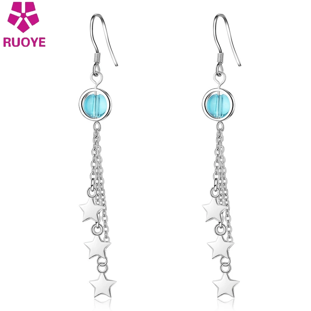 

New Long Tassel chain Earrings Star Design Blue Crystal Earring For Women Fashion Silver Jewelry 2019 Oorbellen