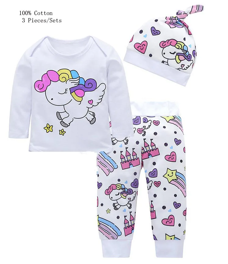 Комплекты одежды для новорожденных девочек из 3 предметов г., модные топы с изображением единорога и радуги для младенцев+ штаны с изображением замка Пегаса и шапочки