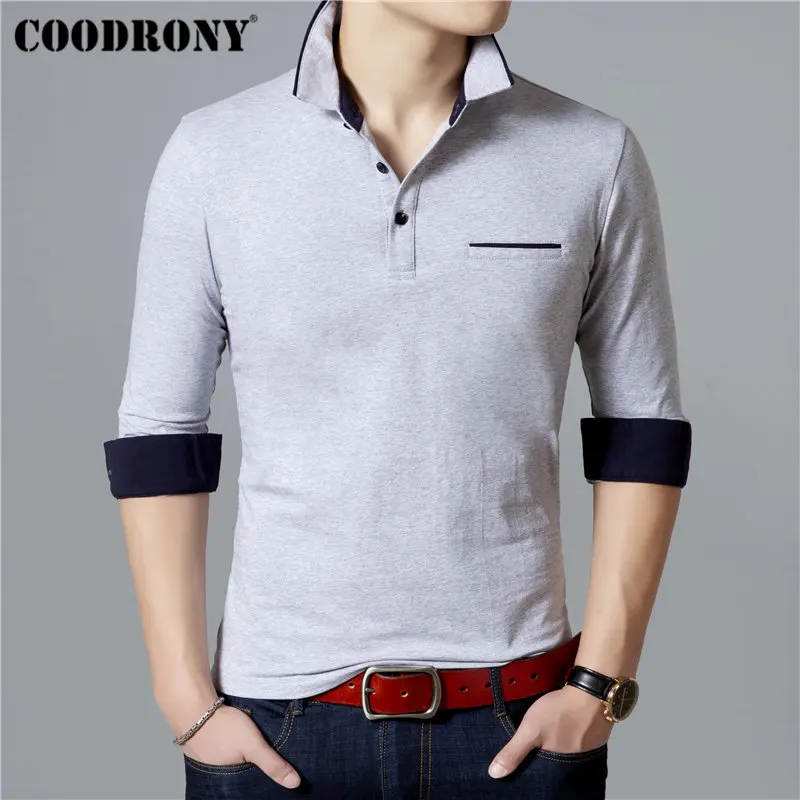 COODRONY футболка с длинным рукавом для мужчин брендовая деловая Повседневная футболка мужская футболка с отложным воротником Мужская мягкая хлопковая Футболка Homme 95005 - Цвет: Серый