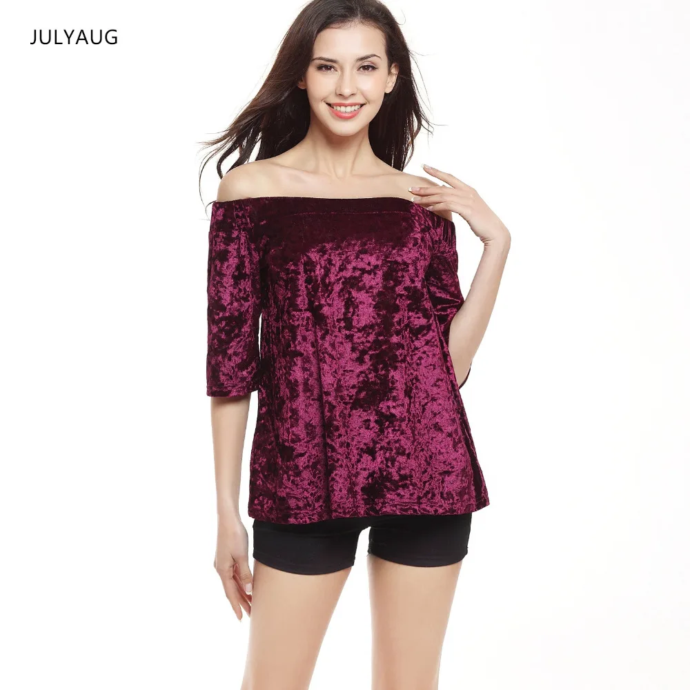 New Women Velvet Blouses short Sleeve Off Shoulder Blusas
