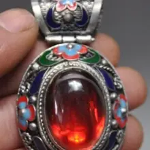 Изысканное китайское древнетибетское серебро, инкрустированное искусственным красным цирконом, перегородчатая подвеска