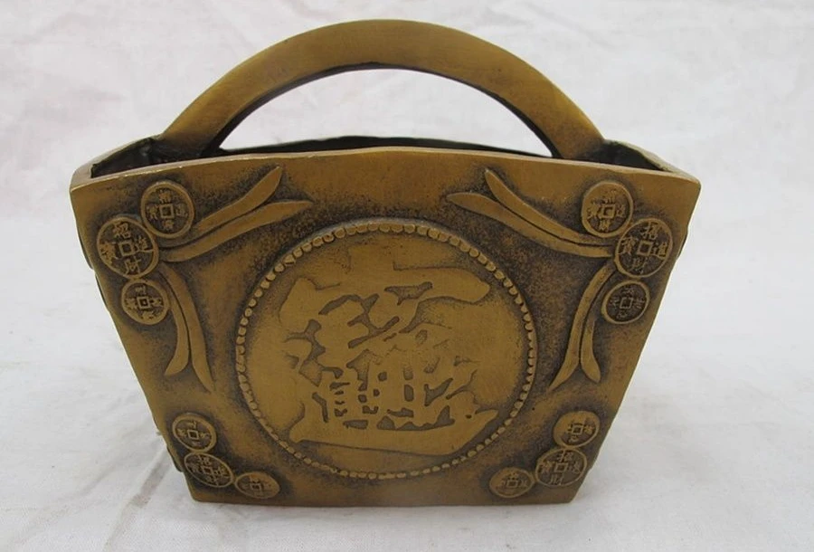 

China Folk FengShui Bronze Copper Attract Wealth and treasure Dou Basket Statue a 0518