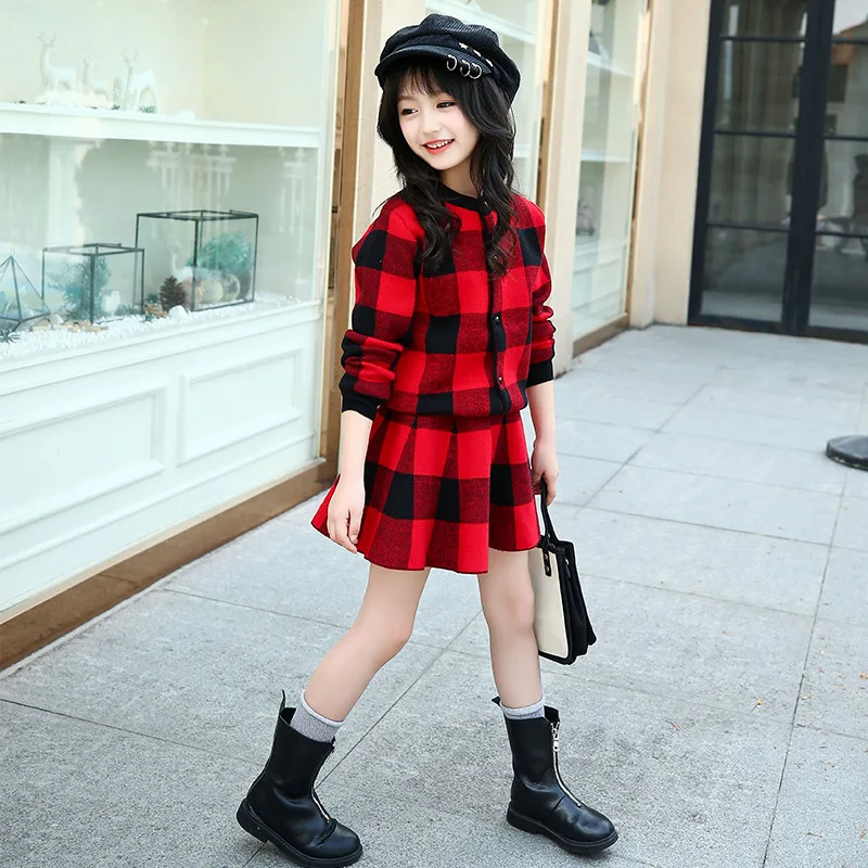 Winter Clothing For Girls Plaid Thick Coat+Skirt 2 Pcs Casual Autumn Girl's Clothes Teenage Clothes For Teen Girls 6 8 12 Years