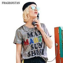 Леди сезон: весна–лето круглым вырезом серебристый футболки женский письмо блестки Street Стиль футболки Для женщин Повседневное свободные высокое качество Топ JQ654