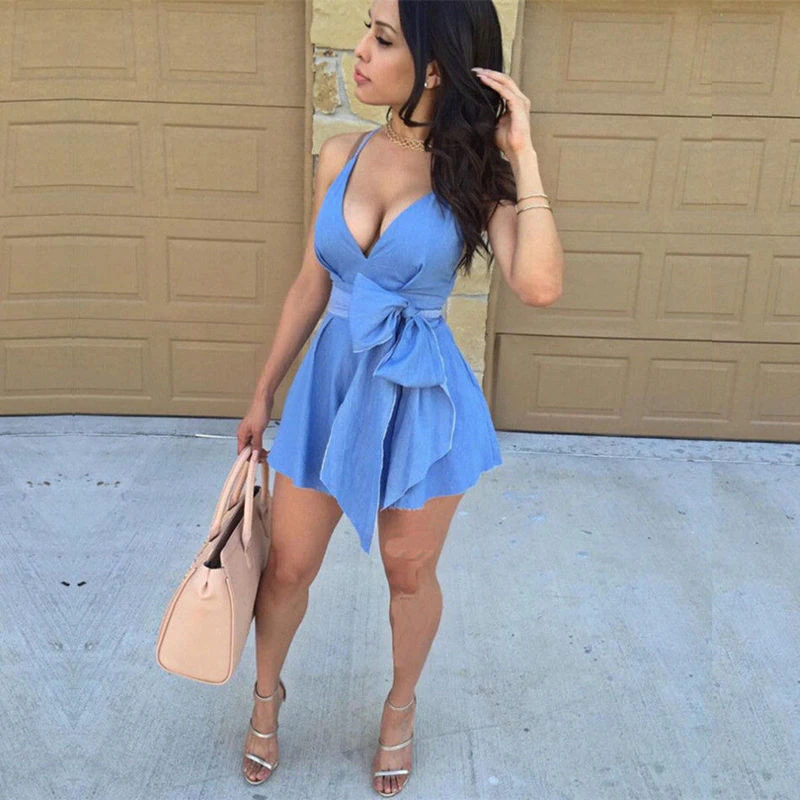 

Summer New Sexy Women Party Casual Mini Dress sleeveless deep v-neck backless spaghetti strap denim bandage bow mini dress