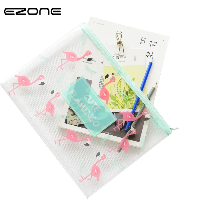

EZONE 1PC Cute Nice Flamingo Bird File Bag Mesh Bag PVC File Folder Stationery Document Bag Office School Supplies Student Gifts