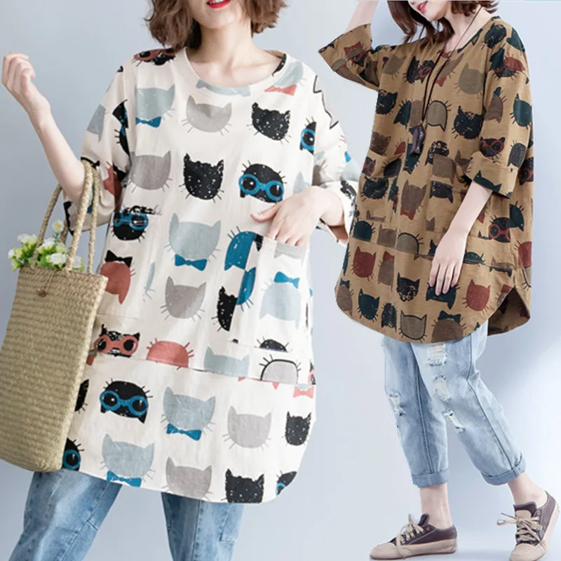 

BIG SIZE 5XL Summer Women Fashion Cute Cat Print Cotton Linen Tops Tee Ladies Female Plus Large Oversized Loose T shirt Tshirt