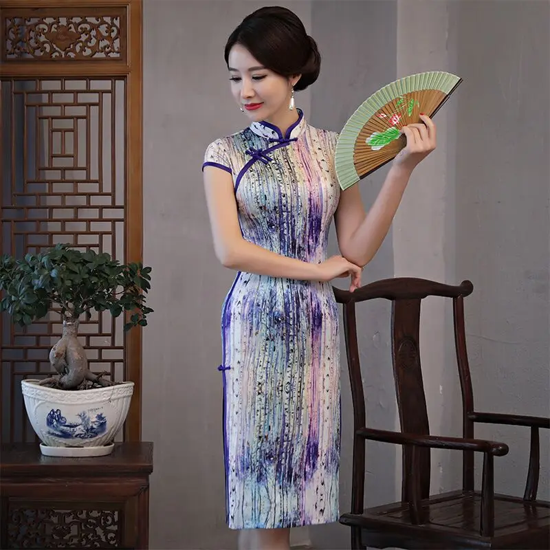 2019 женское летнее короткое платье Чонсам в китайском стиле, платье из вискозы длиной до колена, Qipao, тонкие вечерние платья для женщин, Vestido