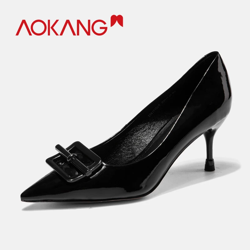 AOKANG/ г. туфли-лодочки на высоком каблуке, Женская пикантная обувь с острым носком, женские модельные туфли-лодочки из лакированной кожи с пряжкой, весенне-Осенняя обувь