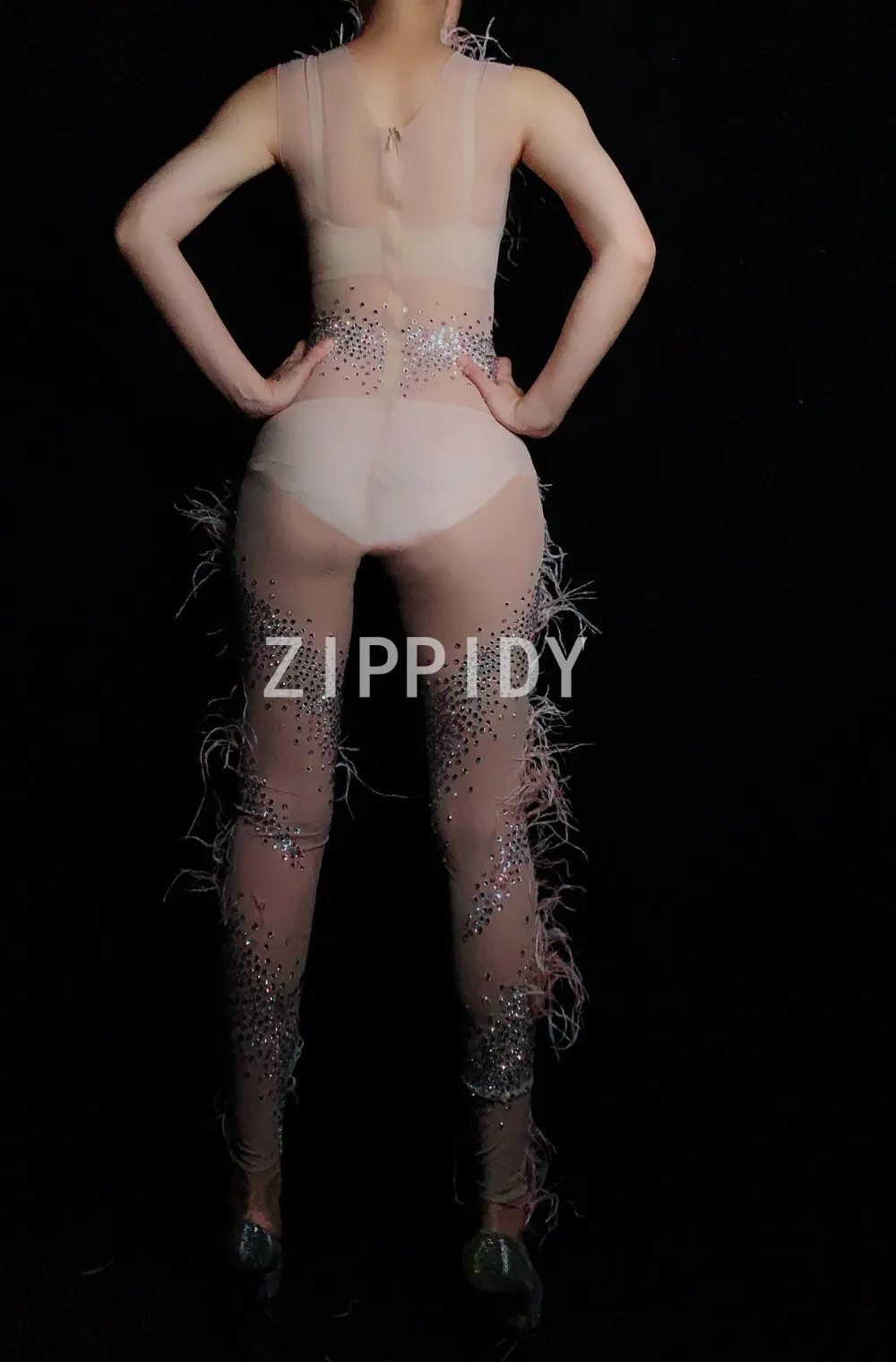 Дизайн сексуальные камни Розовый перо прозрачный комбинезон день рождения, празднование наряд Женская певица танцор модные сетчатые леггинсы