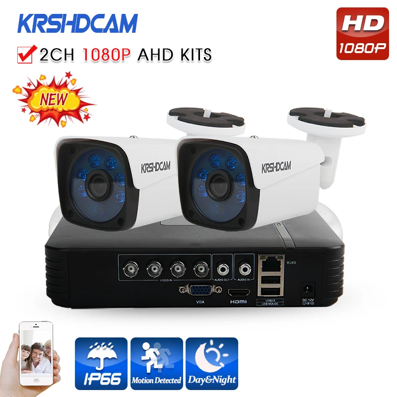 KRSHDCAM 4CH AHD DVR Security CCTV System 30M IR 2PCS 1080P CCTV Camera Outdoor Waterproof Camera
