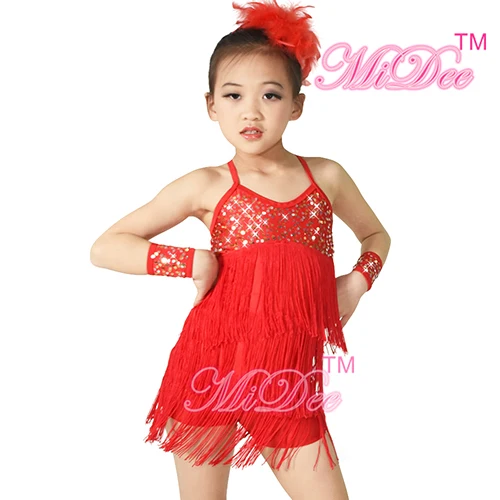 Латинские танцевальная сцена с блестками для девочек; костюмы для выступлений; платья с кисточками - Цвет: Red