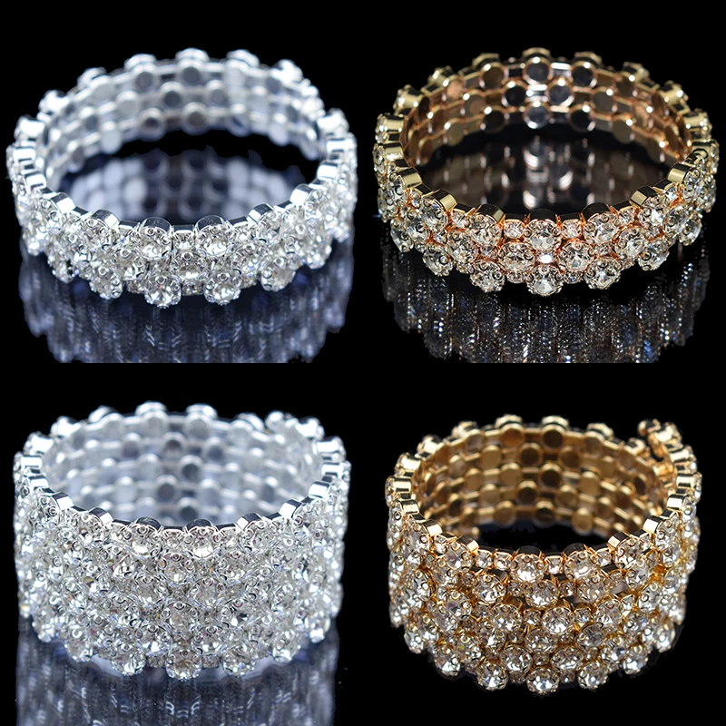 Модные браслеты и браслеты для женщин из серебра и золота с кристаллами 3/6 строк, стразы, растягивающийся браслет, ювелирные изделия