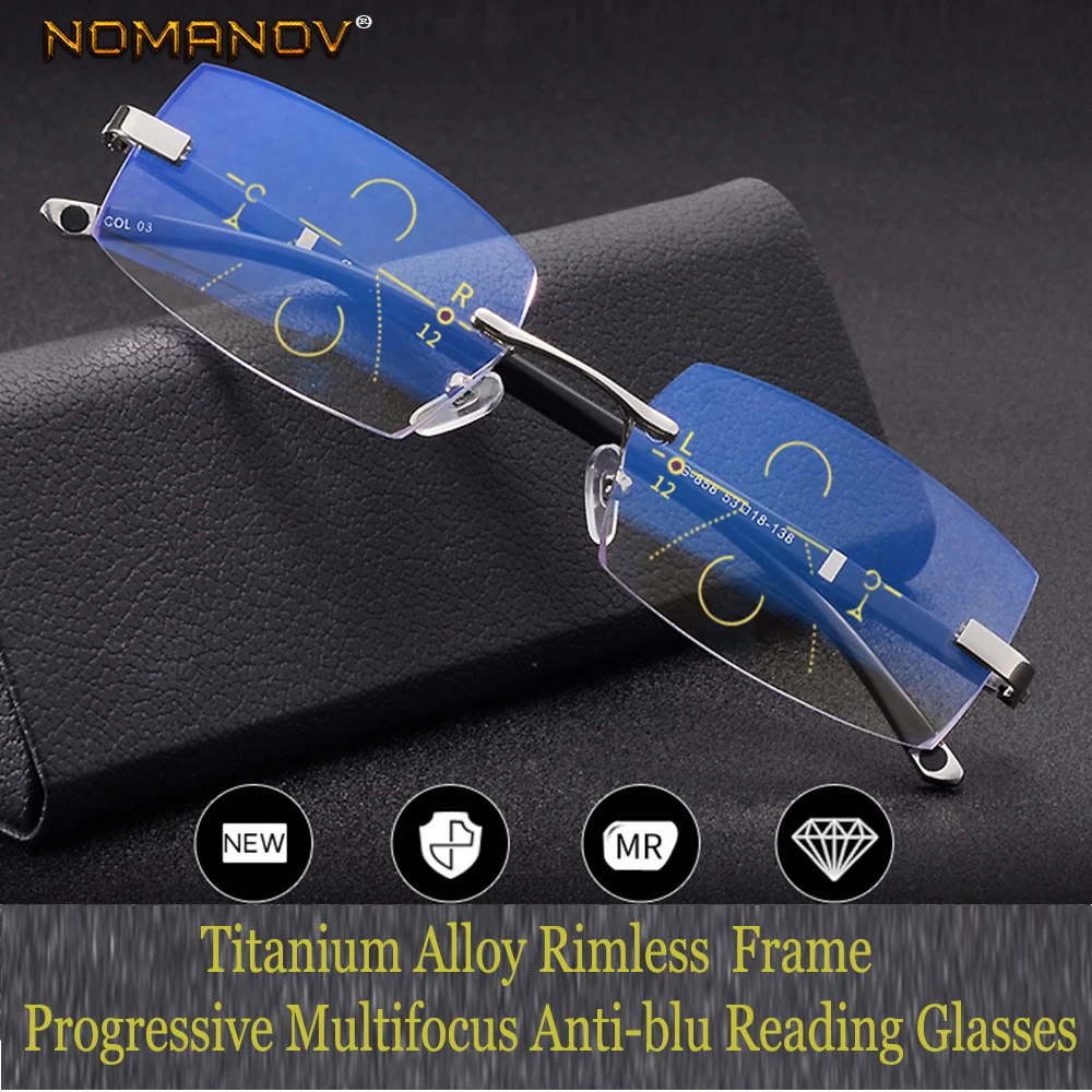 

NOMANOV = Progressive Multifocal Reading Glasses Titanium Alloy Rimless TR90 Cut See Near And Far TOP 0 ADD +0.75 To +3