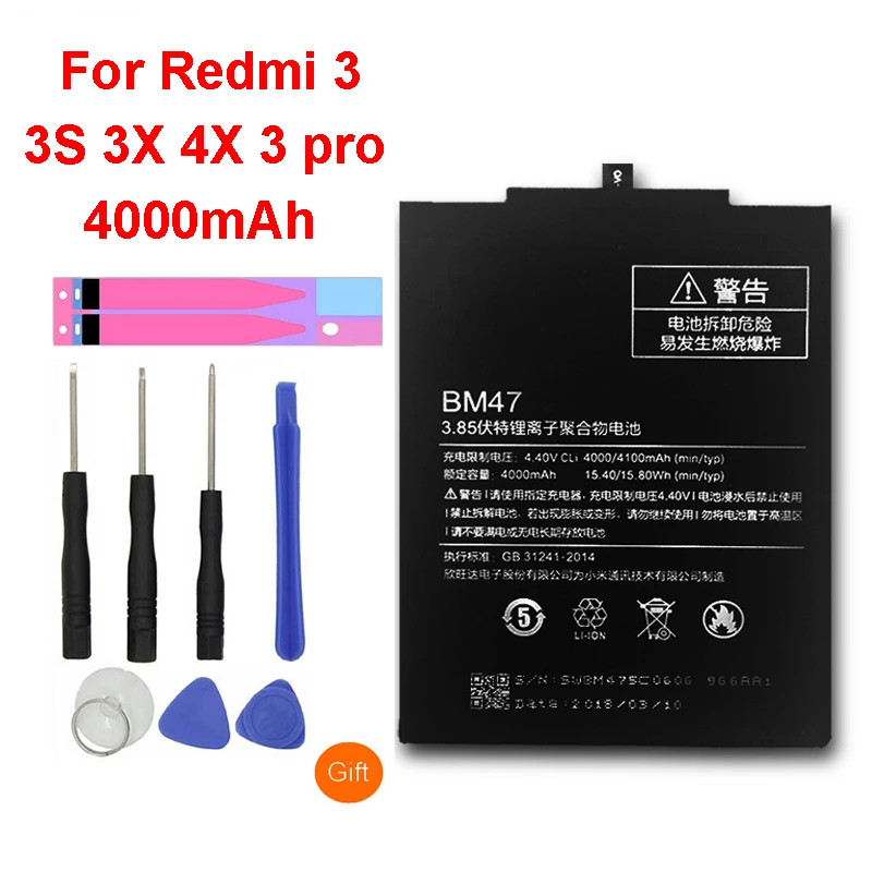 

QrxPower Original BM47 Replacement Battery For Xiaomi Redmi 3 3S 3X 4X 3 pro Real Capacity 4000mAh Li-ion Phone Battery + Tool