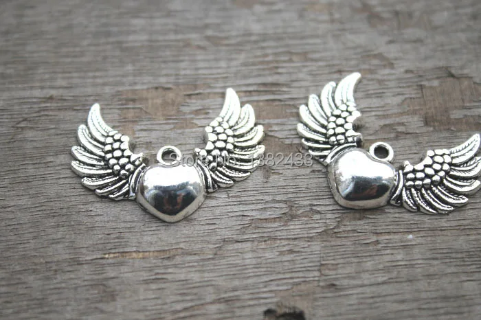 

10 PCs, Heart with Wings, Angel Wings, Wing Pendant, Heart Charm, Antique Silver, Bronze, Fittings, , Jewelry Making, 38*28MM