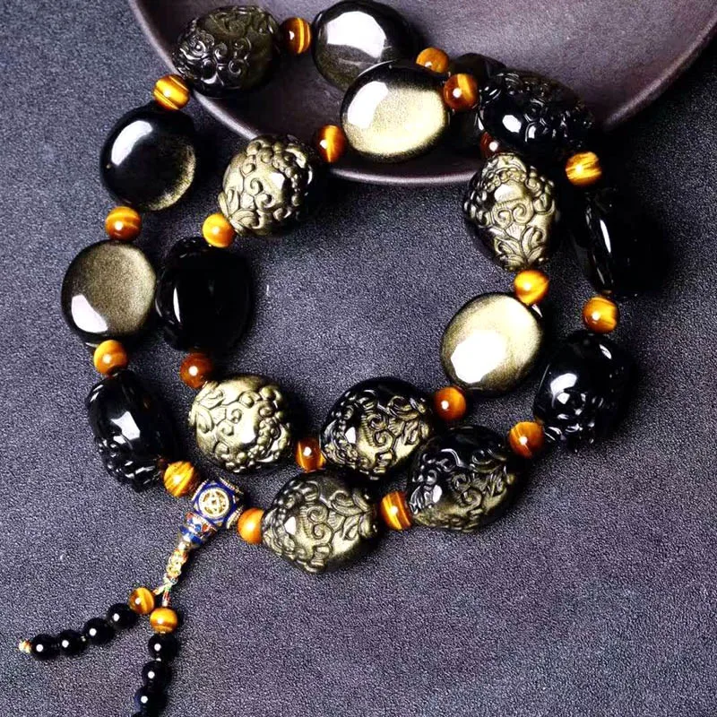 

Unique Jewelry Natural Gold Obsidian Pendant Necklace Straight Hole Brave Troops Pendant Collection Necklace For Men Women 2018
