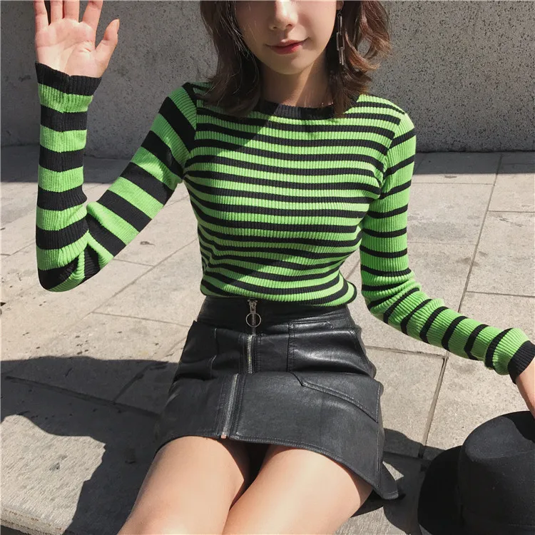 Женская короткая полоса пуловер, вязаный свитер, повседневный тонкий женский свитер с круглым вырезом - Цвет: green