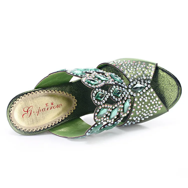 2017 New Green Large Size Open-toe Womens Shoes Leather 40 44 Wedge Heel Slippers Heels Sandals Party & Evening High Quality-9