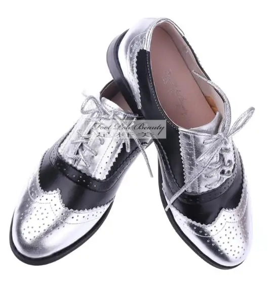 Винтажные женские туфли-оксфорды женская обувь на плоской подошве размера плюс женская обувь из натуральной кожи броги-оксфорды женская обувь sapatos - Цвет: Silver  black