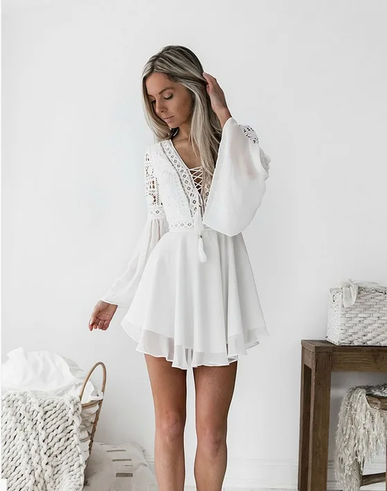 Hollow Out Chiffon Dress Sexy Women Mini Dress Cross Bandage Lace Semi-sheer Plunge V-Neck Long Sleeve Dress Black/White