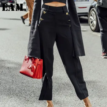 

[EAM] 2020 Spring New Fashion High Waist Ankle-length Pants Loose Metal Button Personality Wide Leg Trousers Women AA193