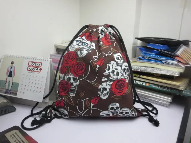  Cotton Linen Storage Package Shoes Bag Drawstring bags Unisex skull 3D Printing Organizer Portable Women's Backpack (1)