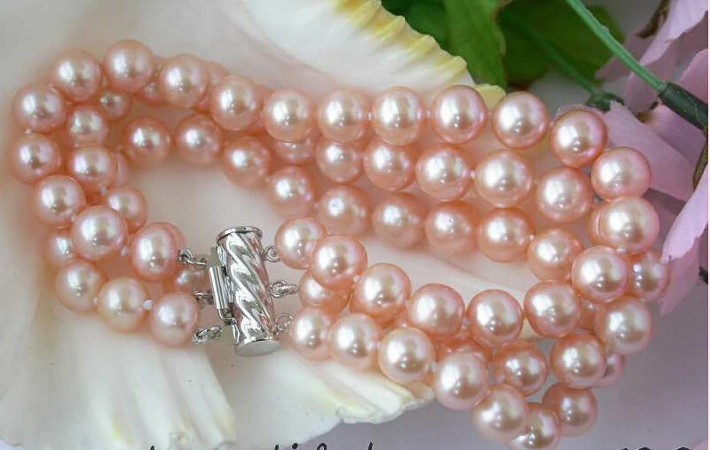 

hot sale FREE SHIPPING Z2498 REAL 3row 8" 9mm pink fw pearl bracelet bangle Natural >>free shipping