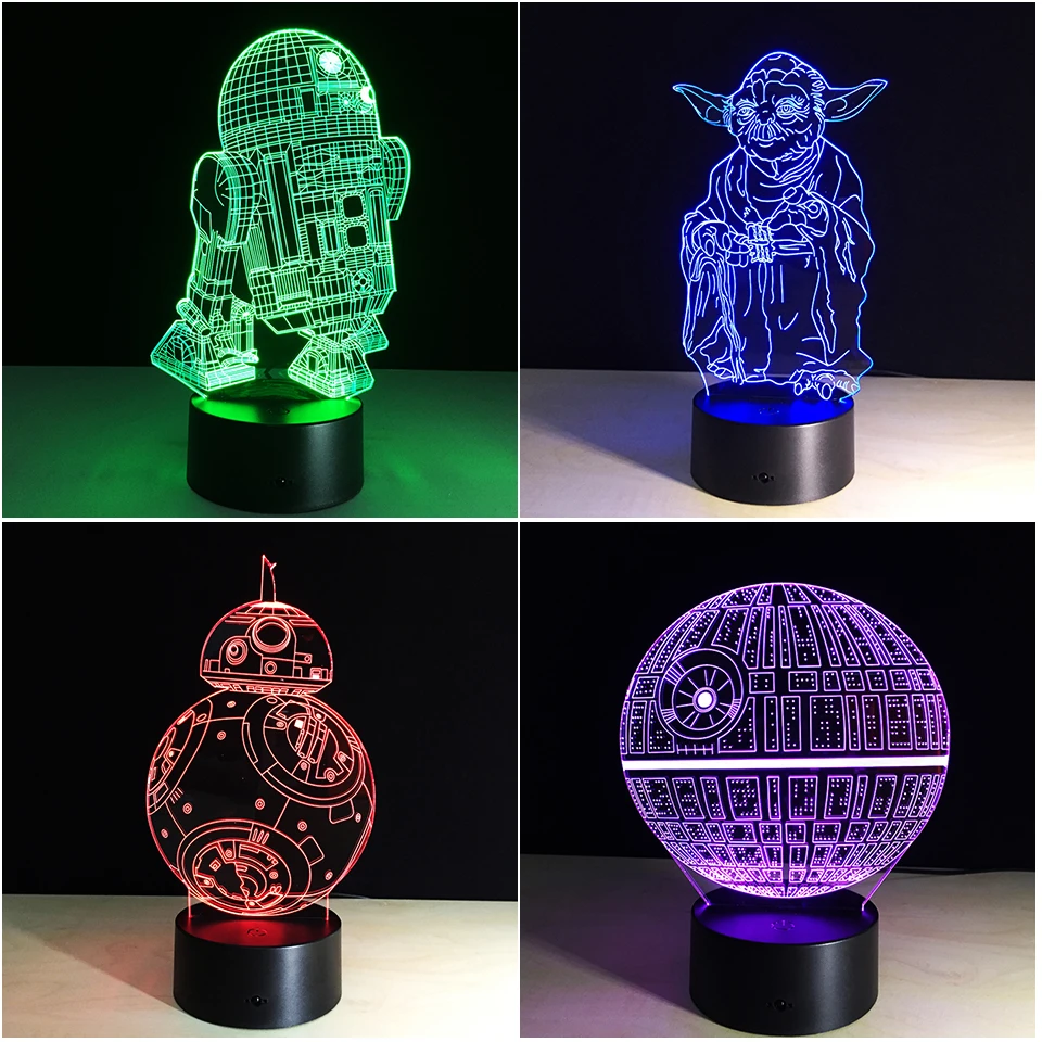 

2019 New 3D Night Lamp Death Star Wars Battleship Millenium Falcon R2-D2 Yoda BB-8 Transporting Dog Movie Fans Boy Lighting Gift