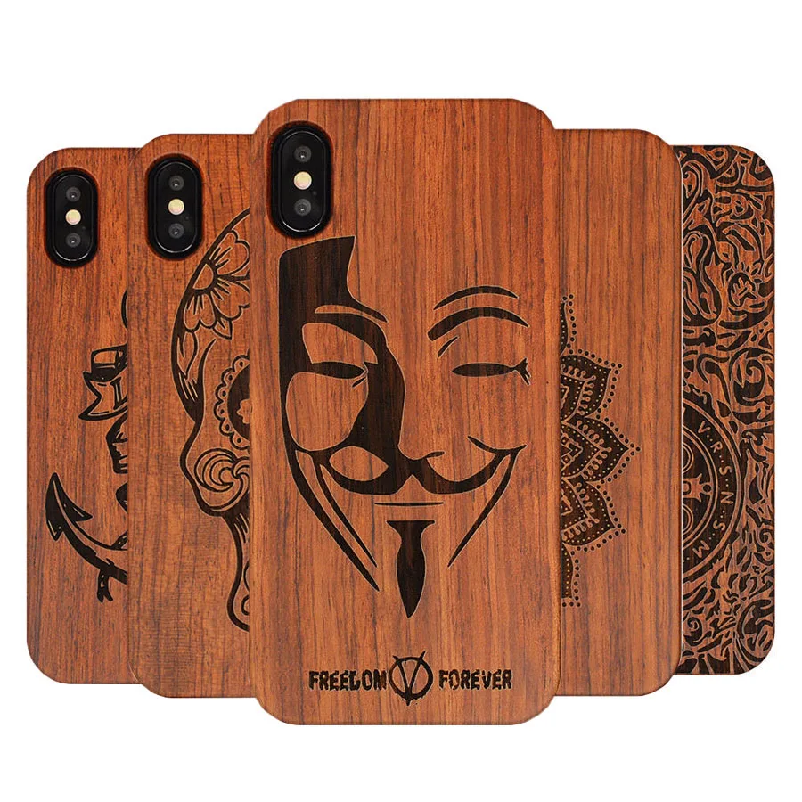 

PC Retro Wooden Case For Apple iPhone X Natural Wood Case 5.8 Inch Vintage Carved Pattern Plastic&Wood Phone Case Cover Coque