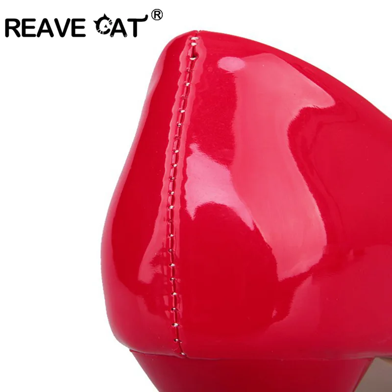 Женские туфли на среднем каблуке REAVE CAT черные блестящие с острым носком весну