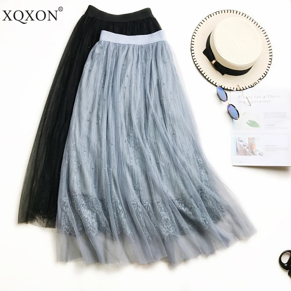 

XQXON 2019 Women Autumn Mesh Beading Mid-Calf Tulle Skirt Pearl Beading Tutu Skirt Elastic High Waist Pleated Mesh Skirt Black