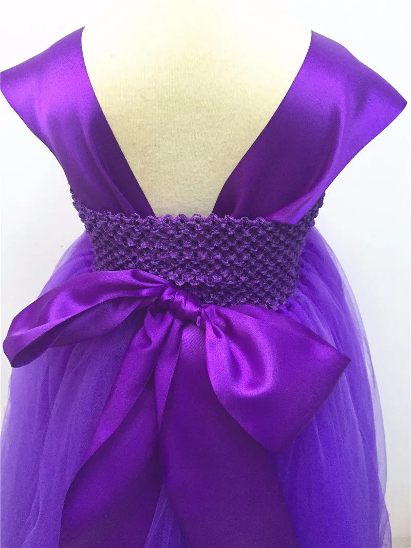 Тюлевое платье-пачка с длинным шлейфом ручной работы свадебное платье для девочек украшенное цветами элегантное нарядное фиолетовое платье для девочек платье для торжеств