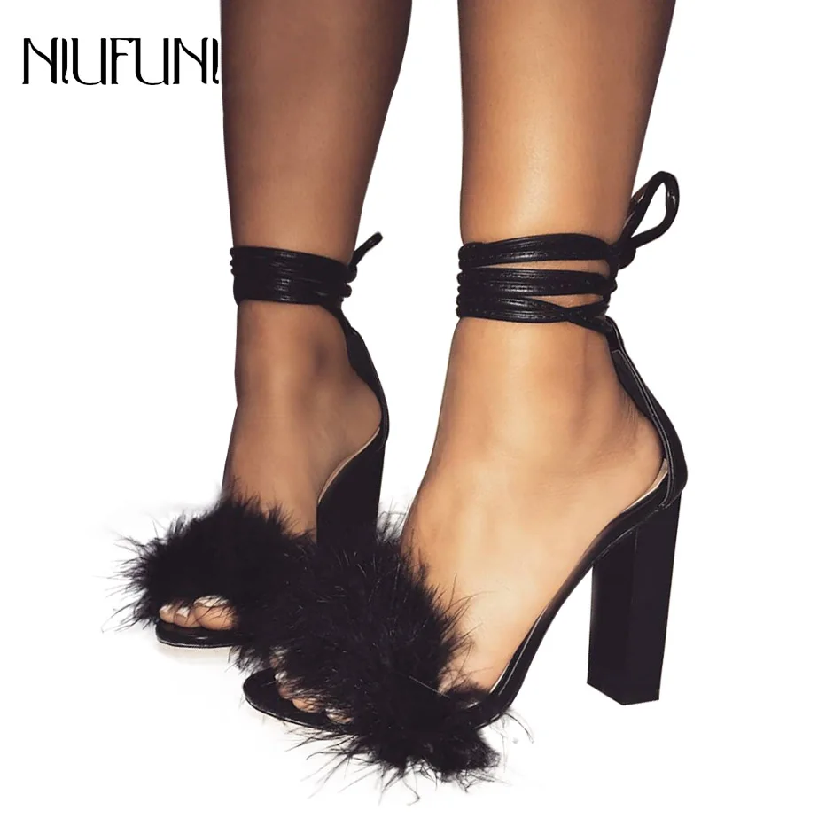

Sandals for Womens Faux Fur Sandals Shoes Women Party Ladies Shoe Square High Heels Sandals Nightclub Queen