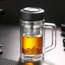 Двойная Стенка чайная чашка стекло с рукояткой с крышкой офисная кофейная кружка чашка большая емкость с крышкой фильтр чайные чашки вино стекло