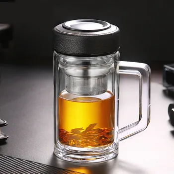

Double walled Teacup glass with handgrip with lid office Coffee Mug cup large capacity with lid filter tea cups wine glass