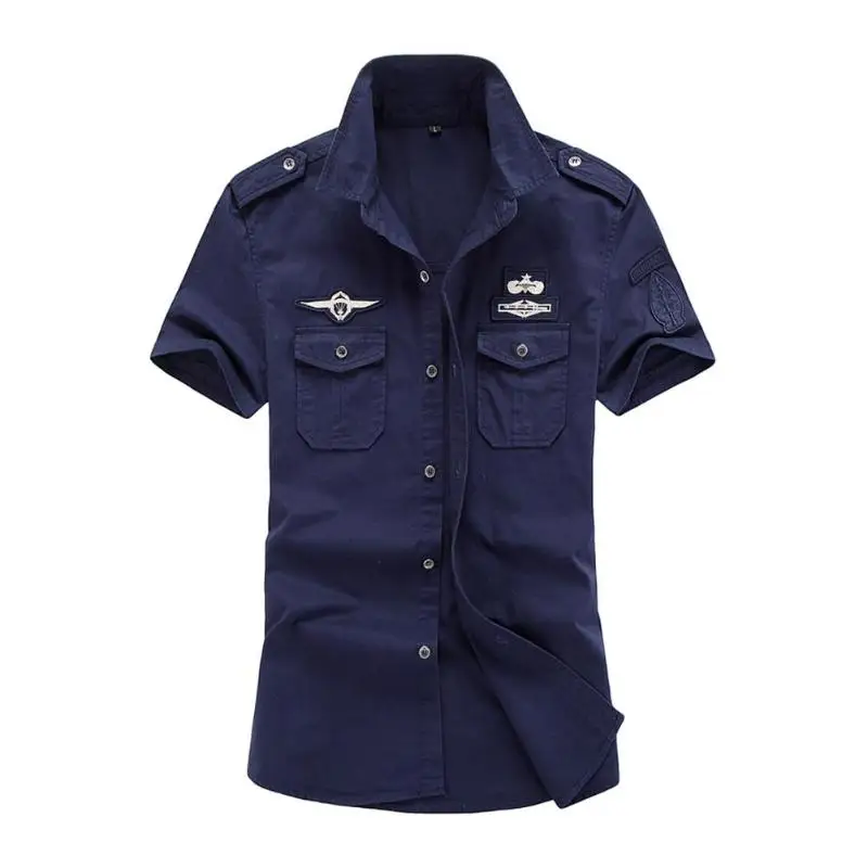 Летняя мужская рубашка в стиле милитари с короткими рукавами и карманом,, крутые пуговицы, хлопок, плюс размер, однотонная Свободная рубашка-карго Camisa Masculina - Цвет: Синий