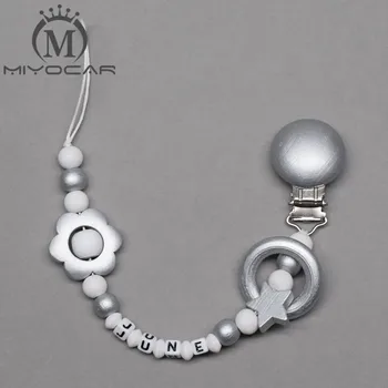 

MIYOCAR custom any name beautiful sliver follower wooden beads dummy clip holder pacifier clips holder/Teethers clip