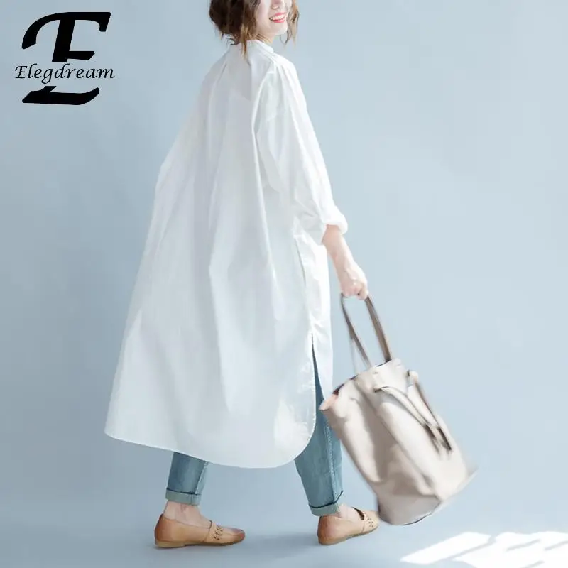 Женская офисная блузка Elegdream однотонная белая с длинным рукавом повседневная